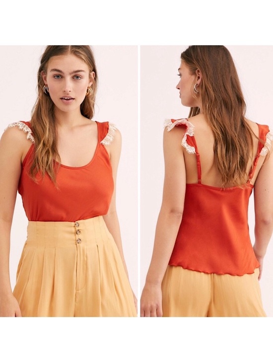Free People Tops - Free People Red Carnelian Camisole with Cream Ruffle Straps L